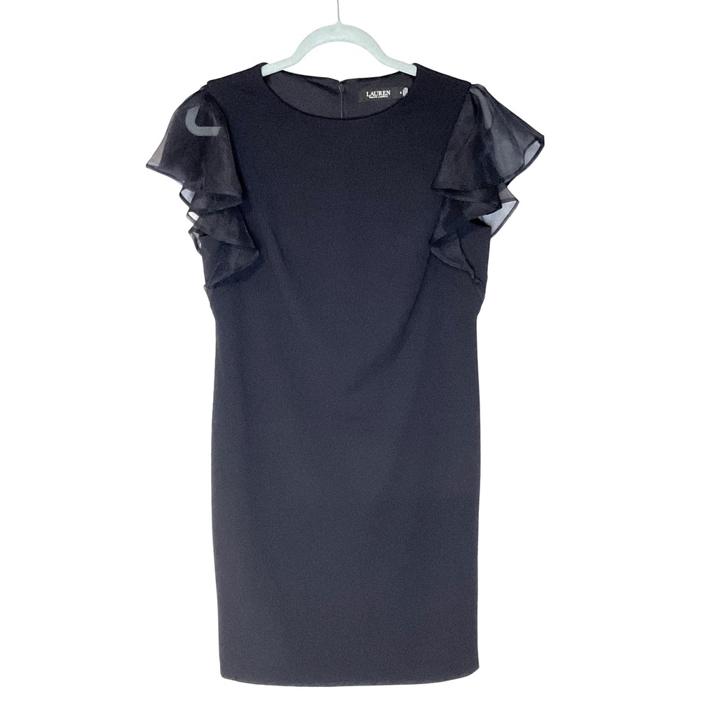 Lauren Ralph Lauren Black Label Crepe Flutter Sleeve sheath dress navy blue sz 8
